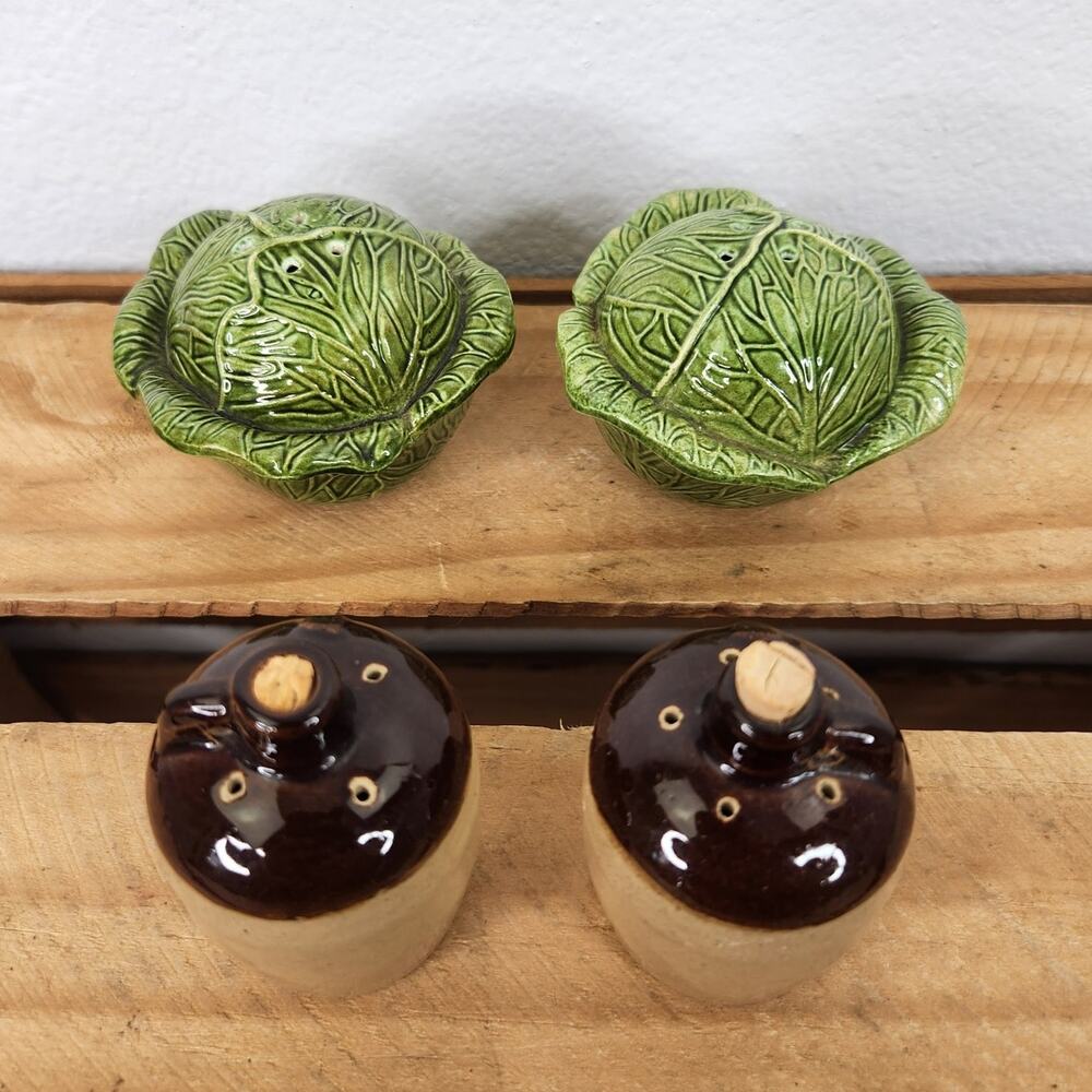2 pair of Salt & Pepper Shakers Vtg Jug and Cabbage Collectible Home Decor
